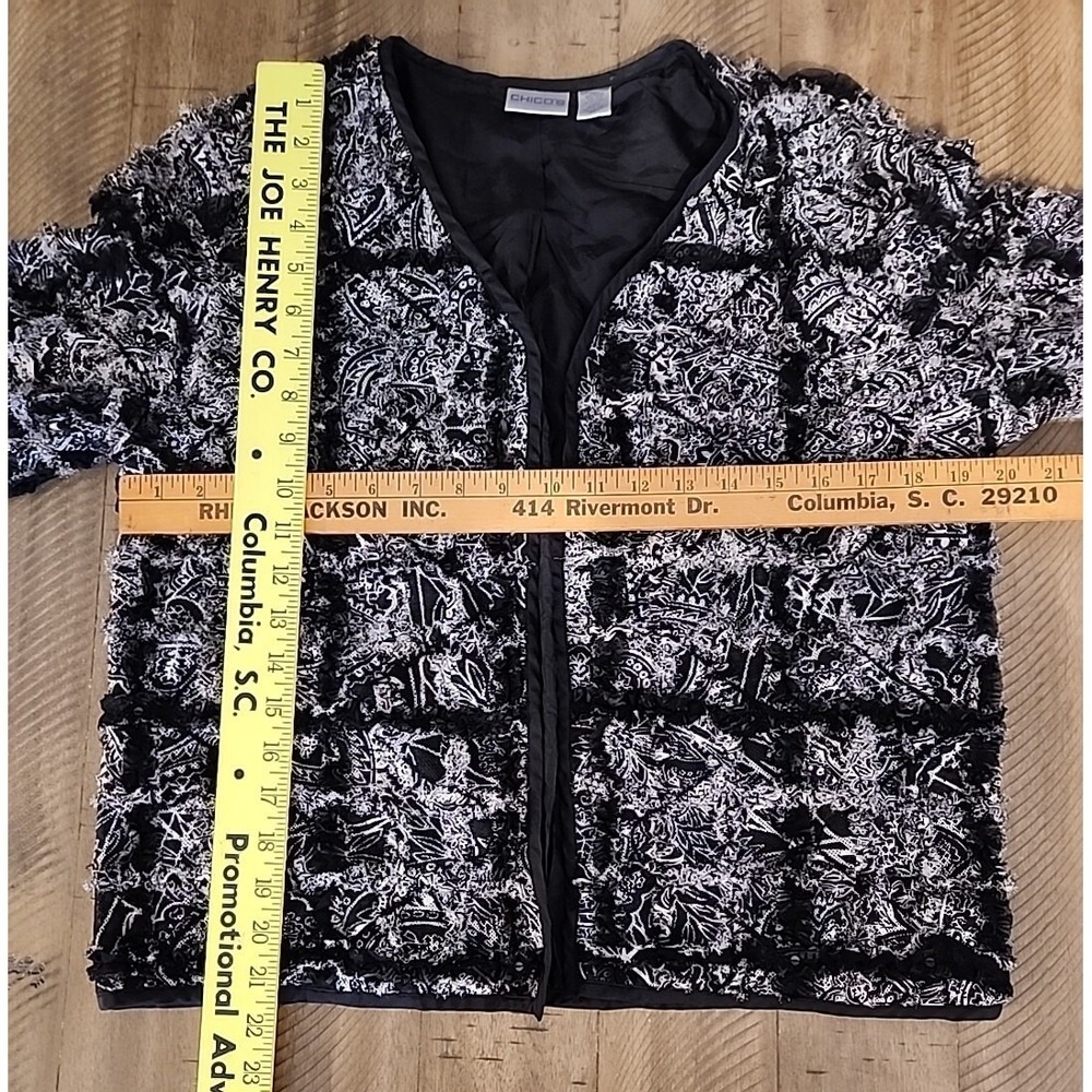 Chicos Black White Paisley Silk Blend Fringe Ruffle Open Front Jacket Womens 1 - Picture 6 of 6